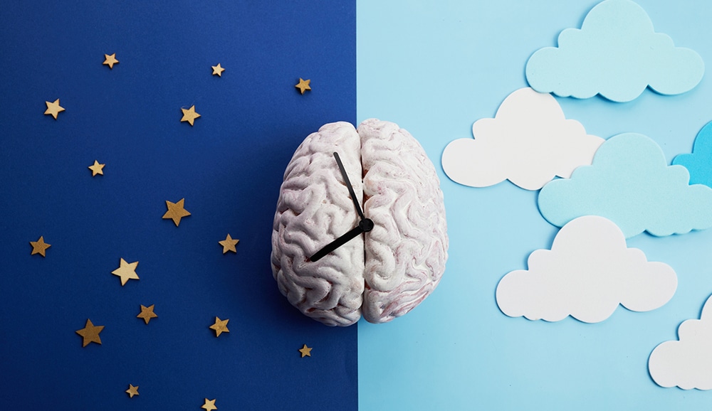 representation of a brain as a clock, with the night sky on one side and daytime clouds on the other